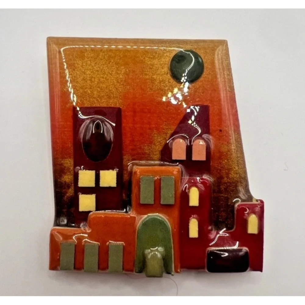 Lucinda House Pin Brooch Town Scene Resin Pueblo Casas Vintage Cityscape Artisan